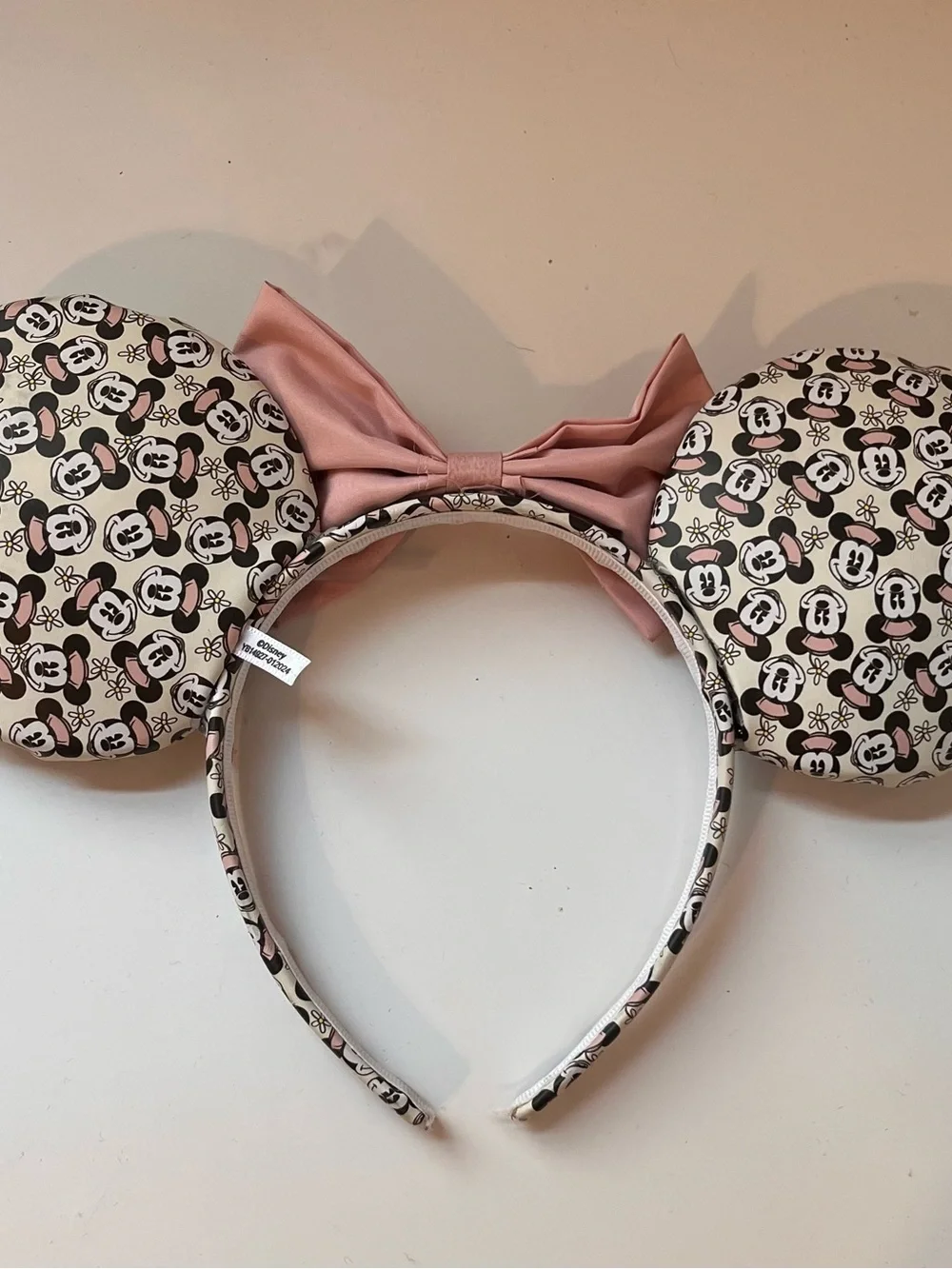 Disney Parks Minnie Mouse Floral Print Bow Headband Ears Neutral Pink White